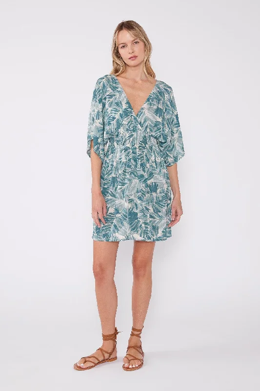 Ophelia Kimono Sleeve Tropical Print Mini Dress Teal