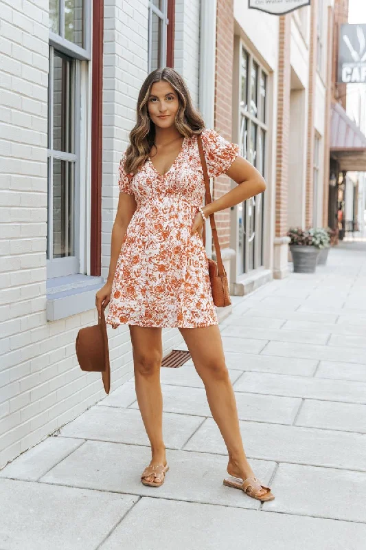 Orange Floral Print Smocked Mini Dress - FINAL SALE