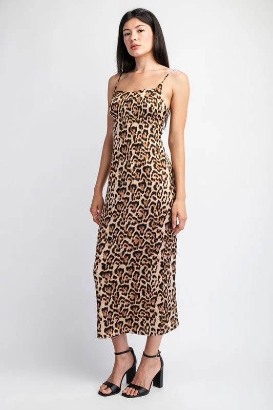 Paris Sleeveless Leopard Print Midi Dress Brown