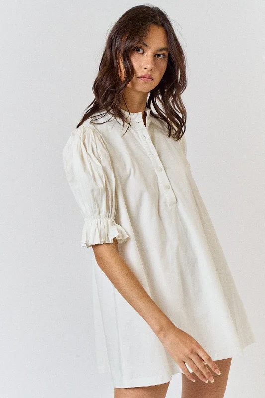 PLEATED POPLIN OFF WHITE MINI DRESS