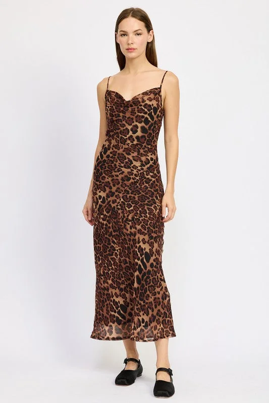 Rebecca Sleeveless Cowl Neck Leopard Print Midi Dress Brown