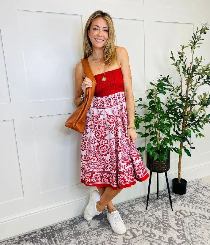 Red Printed Cotton Beach Dress