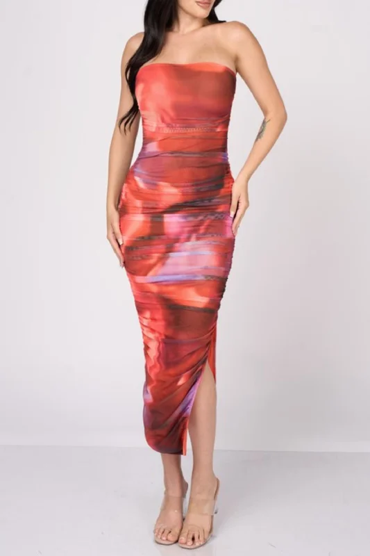 Rhiannon Sleeveless Abstract Print Mesh Midi Dress Red