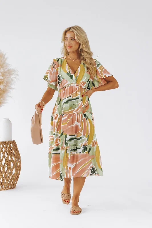 Sage Mix Print Short Sleeve Midi Dress - FINAL SALE