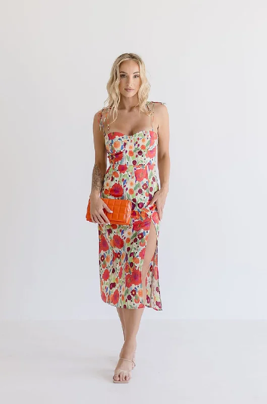 Shayla Sleeveless Shoulder Tie Floral Print Midi Dress Red