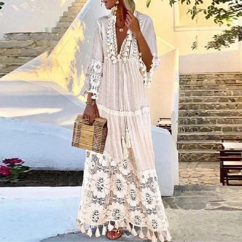 Spring Bohemian Lace Tassel Stitching Beach Vacation Temperament Long Dresses