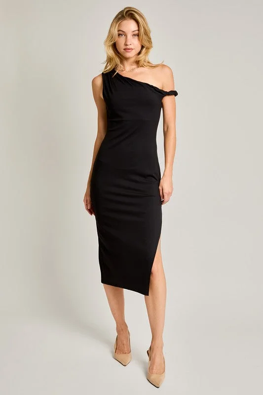 Waitlist 9/4 ♥ Tabitha Twisted Shoulder Midi Dress Black