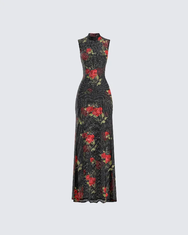 Tata Rose Print Mesh Maxi Dress