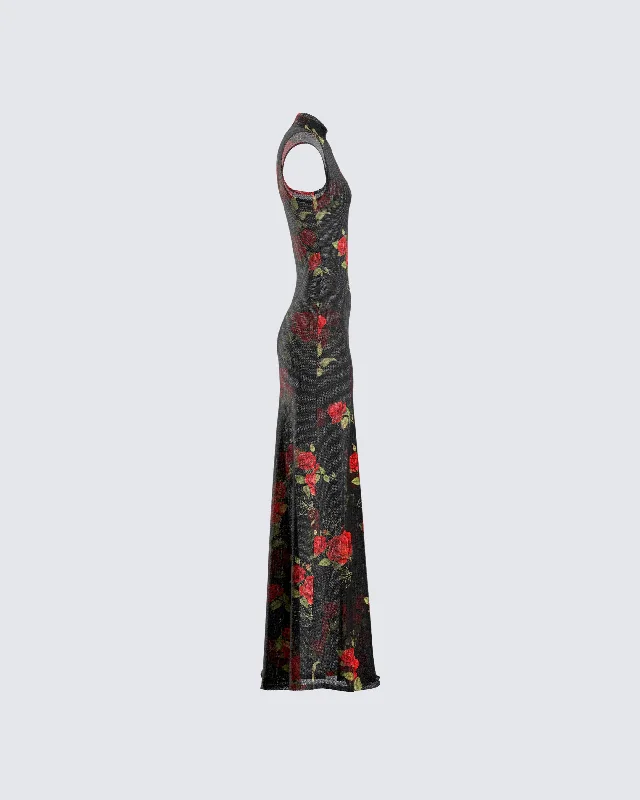 Tata Rose Print Mesh Maxi Dress