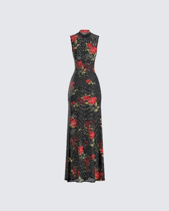 Tata Rose Print Mesh Maxi Dress