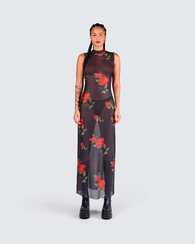 Tata Rose Print Mesh Maxi Dress