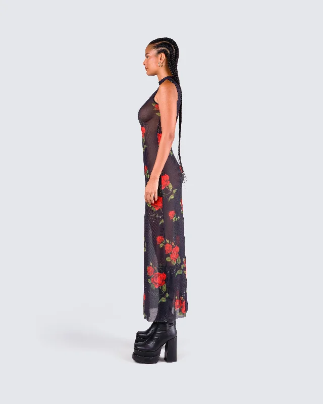 Tata Rose Print Mesh Maxi Dress