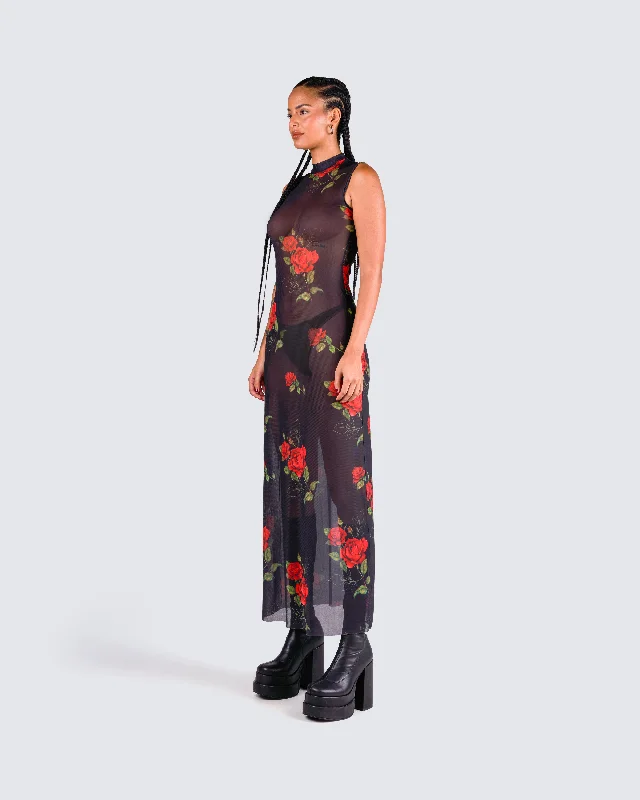 Tata Rose Print Mesh Maxi Dress