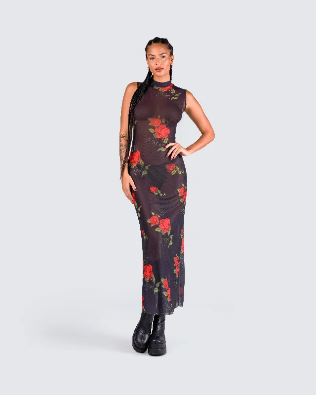 Tata Rose Print Mesh Maxi Dress