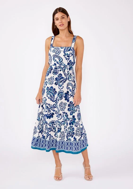 Tatiana Sleeveless Back Tie Floral Print Midi Dress Navy