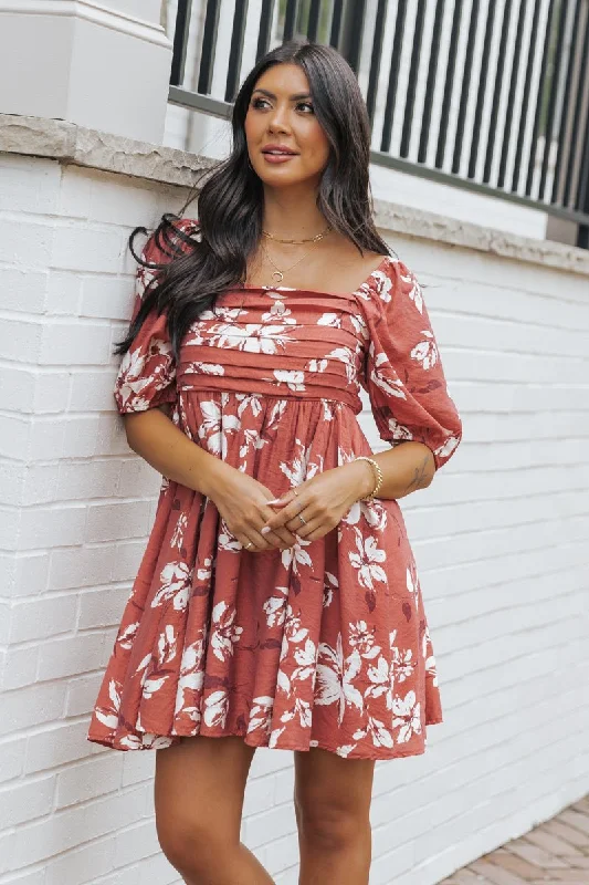 Terracotta Floral Print Pleated Mini Dress