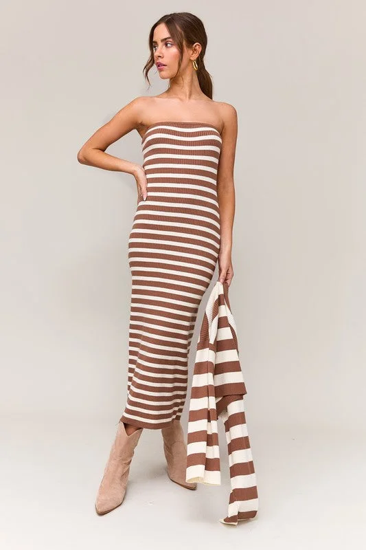 Trinity Sleeveless Stripe Print Knit Midi Dress Taupe