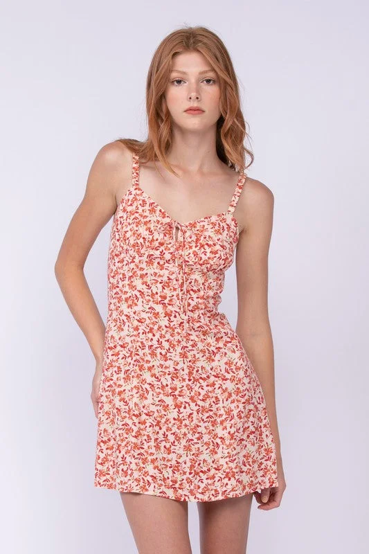 Trisha Sleeveless Front Tie Floral Print Mini Dress Rust