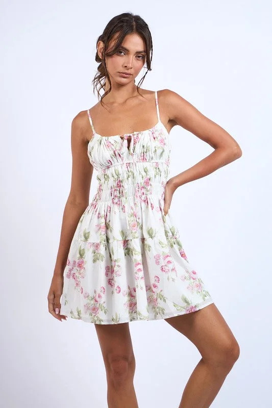 Vickie Sleeveless Smocked floral Print Mini Dress Blush