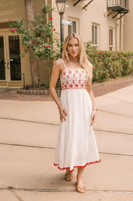 White Embroidered Smock Midi Dress - FINAL SALE