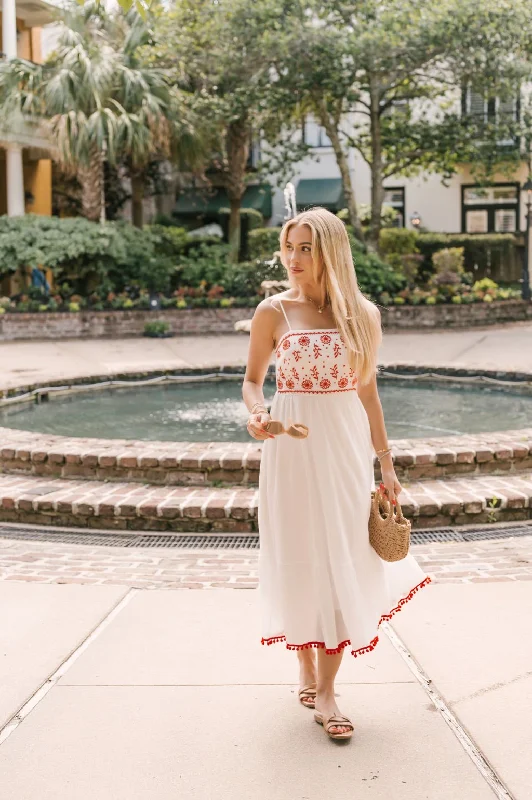 White Embroidered Smock Midi Dress - FINAL SALE