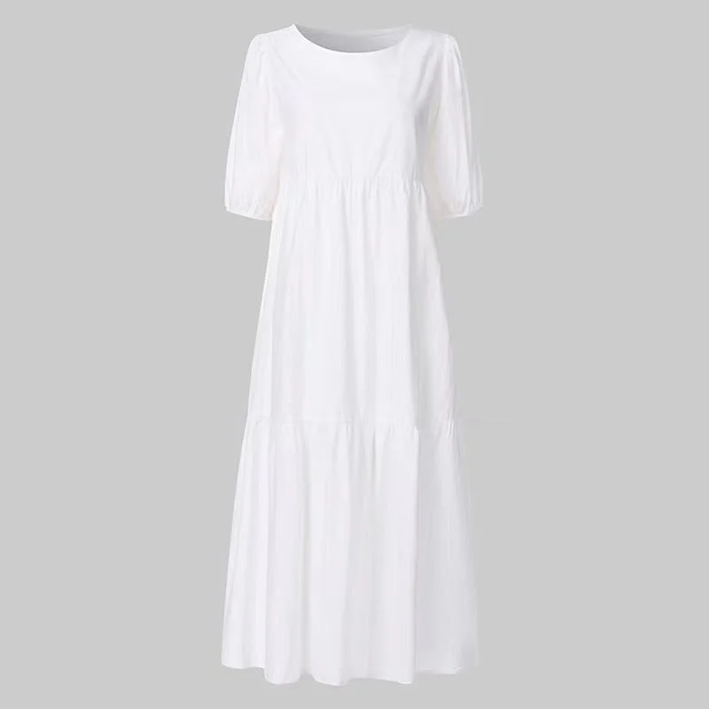 Women's Bohemian Beach Vintage Cotton Linen Sundress Casual Style Solid Dresses