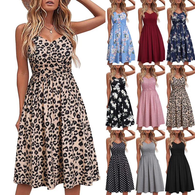 Womens Leopard Floral Midi Dress Ladies Summer Boho Beach Holiday Sundress Size