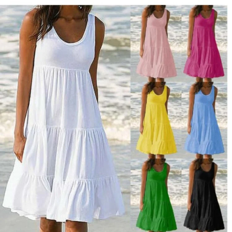 Women's Sleeveless Sweet Round Neck Stitching Big Swing Beach Dress