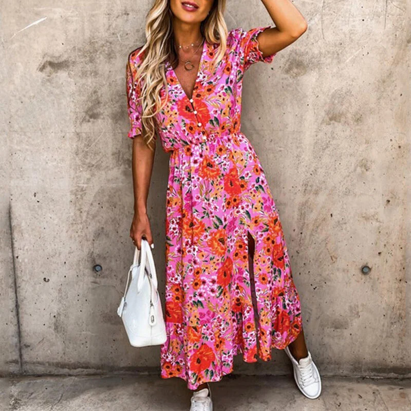 Womens Summer Floral Strappy Cami Midi Dress Ladies Holiday Beach Split Sundress