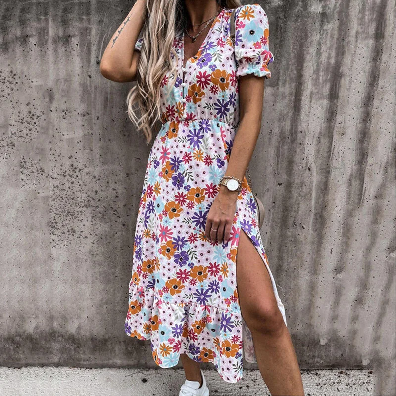 Womens Summer Floral Strappy Cami Midi Dress Ladies Holiday Beach Split Sundress