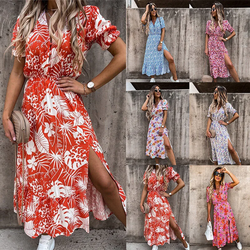 Womens Summer Floral Strappy Cami Midi Dress Ladies Holiday Beach Split Sundress