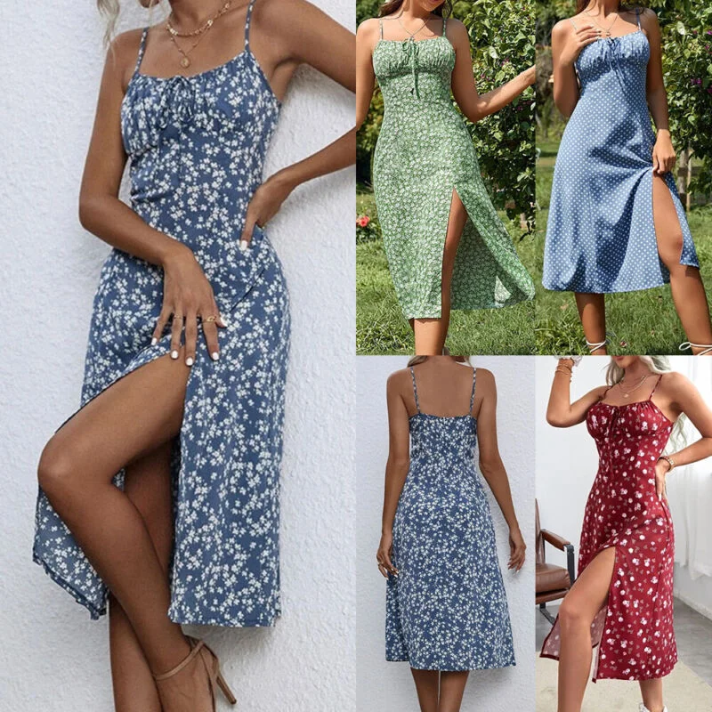 Womens Summer Floral Strappy Cami Midi Dress Ladies Holiday Beach Split Sundress