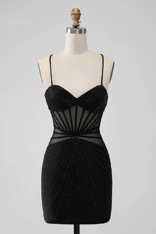 Black Bodycon Spaghetti Straps Corset Homecoming Dress with Beading