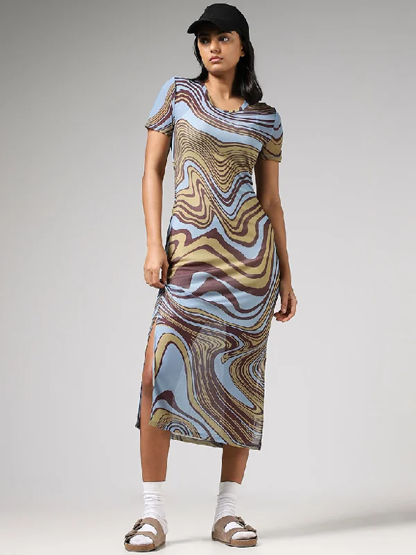 Nuon Light Blue Abstract Printed High-Slit Bodycon Dress