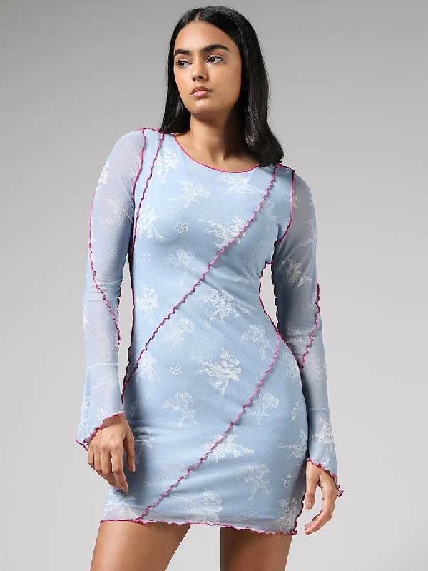 Nuon Light Blue Printed Seam Detail Bodycon Dress