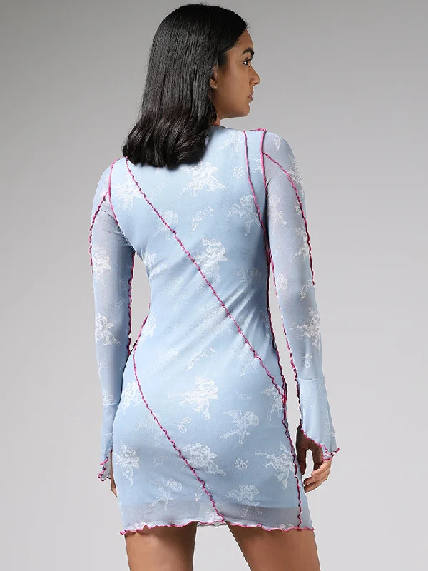 Nuon Light Blue Printed Seam Detail Bodycon Dress