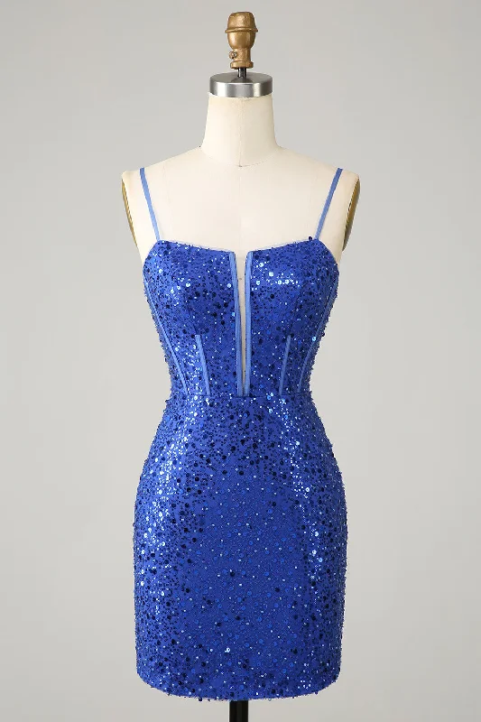 Royal Blue Bodycon Sparkly Spaghetti Straps Homecoming Dress