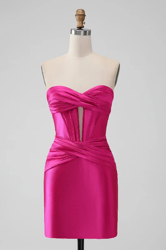 Fuchsia Bodycon Sweetheart Satin Corset Short Homecoming Dress