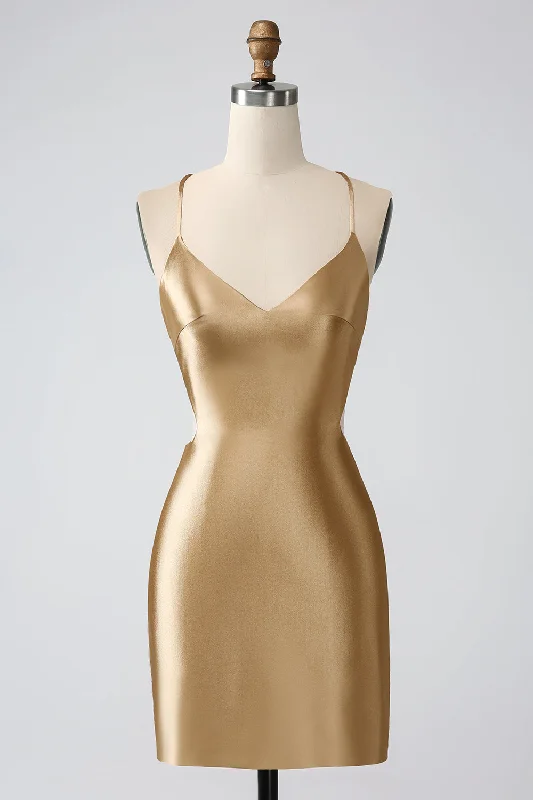 Gold Bodycon Spaghetti Straps Satin Homecoing Dress with Criss Cross Back