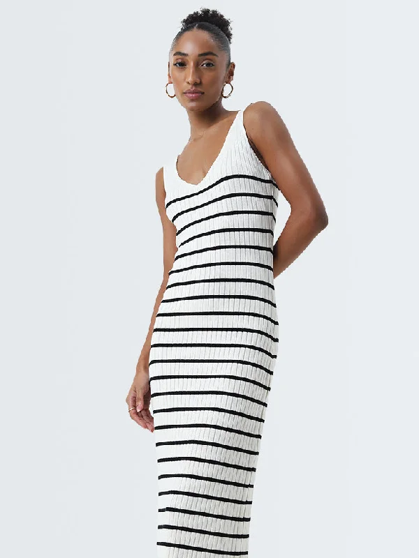 Wardrobe Ivory Striped Design Bodycon Dress