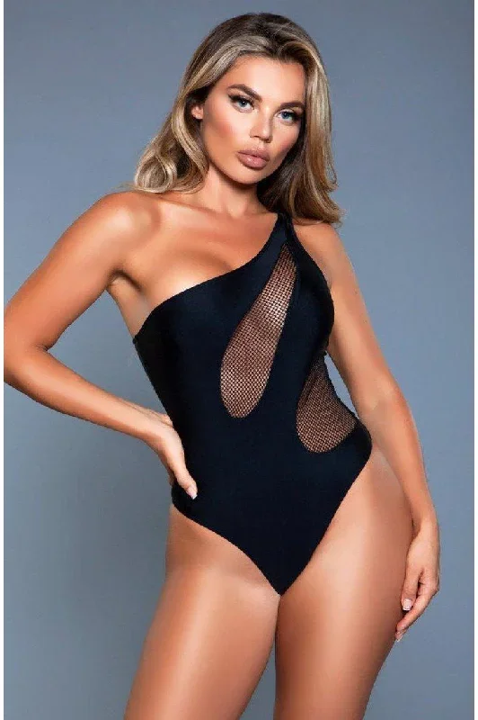 One Shoulder Fishnet Inset One Piece Swimsuit