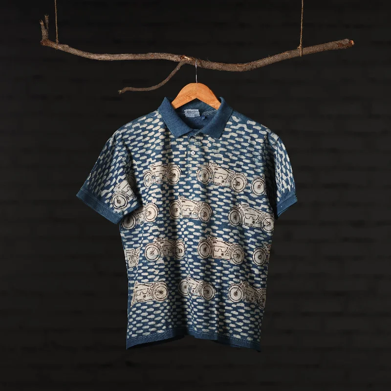 Blue - Bindaas Natural Dyed Art Block Print Polo Collar T-shirt in Cotton