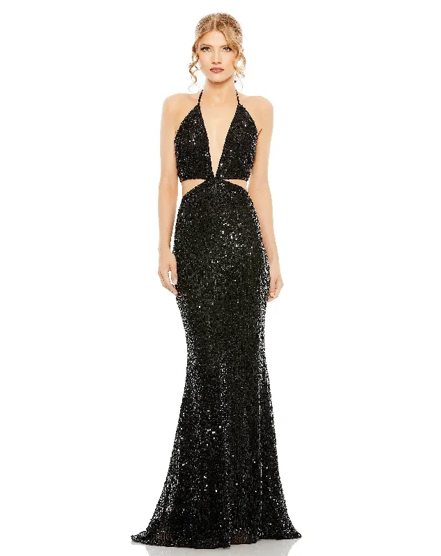 Cut Out Halter Tie Back Sequin Gown