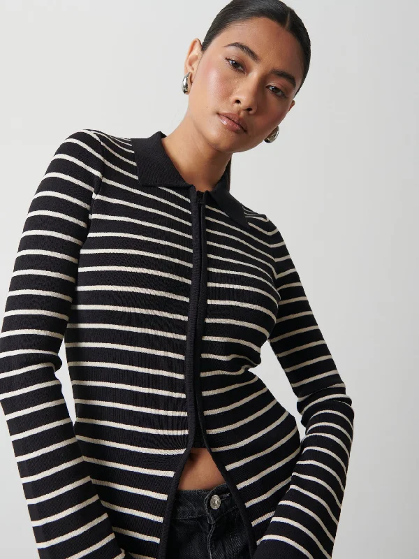 Avery Striped Zip Knit Top - Black and Cream