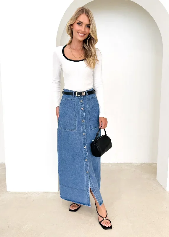 Avida Denim Midi Skirt - Mid Blue