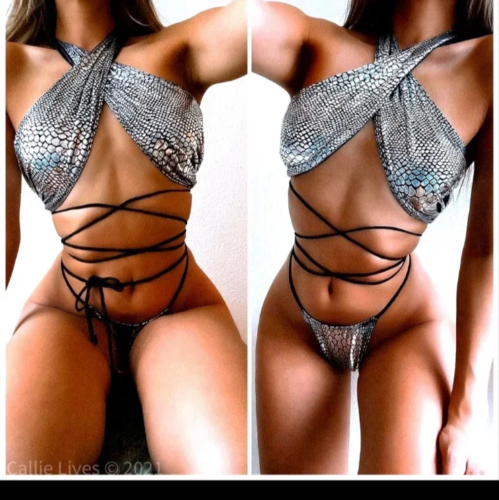 Beautiful snake print metallic 2 piece halter wrap bikini