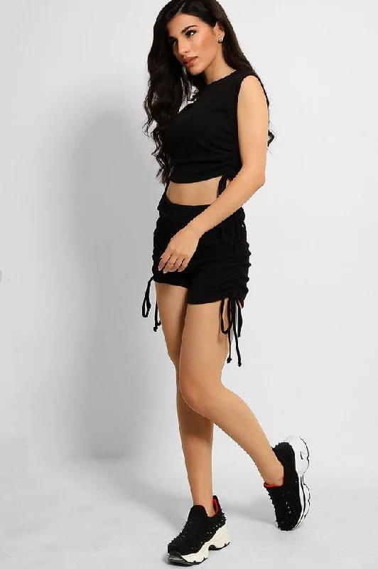 black-ribbed-drawstring-ties-sleeveless-top-and-shorts-set