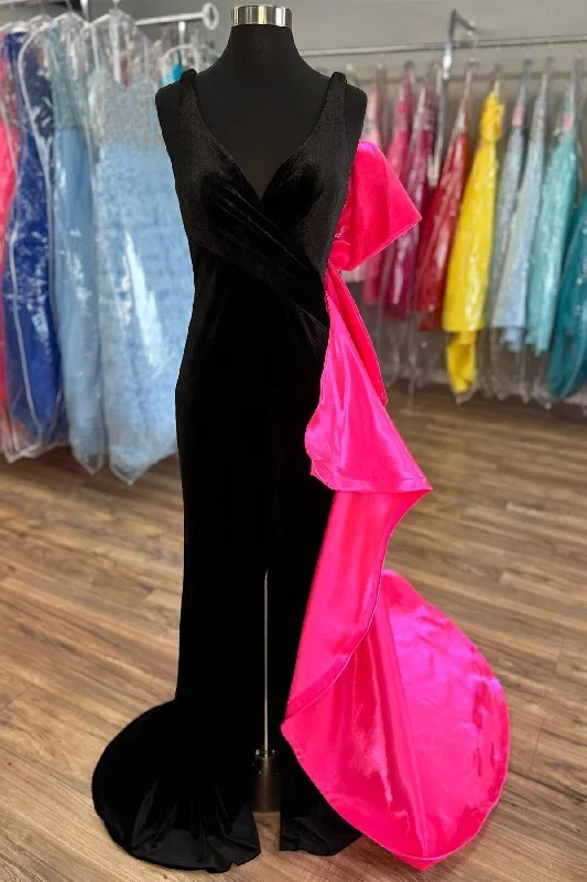 Black Velvet Bow-Back Mermaid Long Gown with Slit