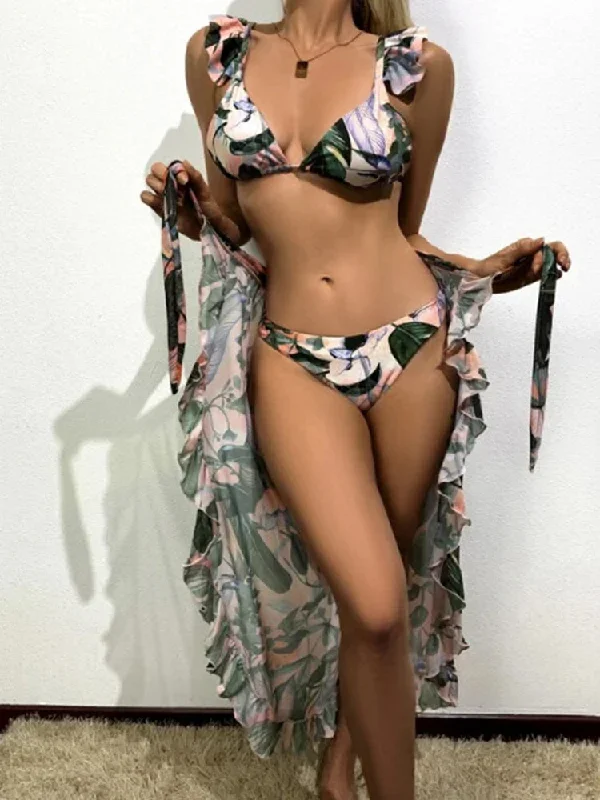 botanical-print-ruffled-three-piece-bikini-set