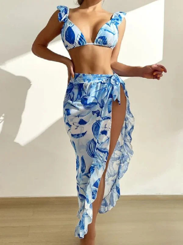 botanical-print-ruffled-three-piece-bikini-set